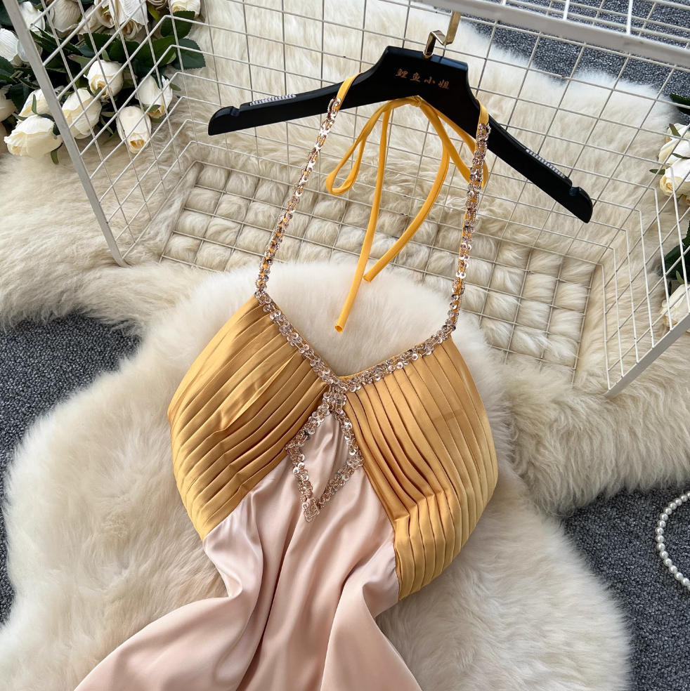 Beaded Patchwork Satin Halter Dress