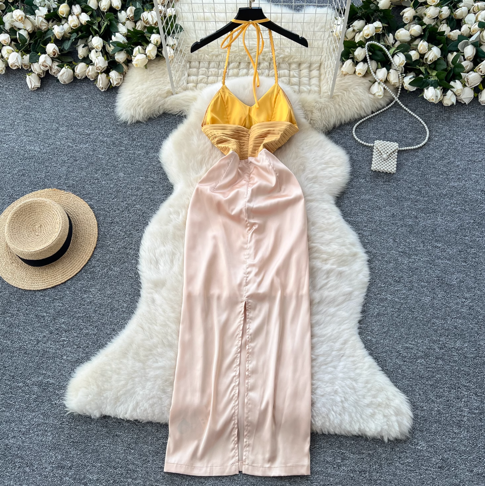 Beaded Patchwork Satin Halter Dress