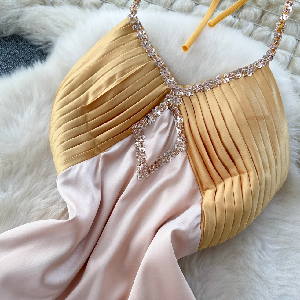 Beaded Patchwork Satin Halter Dress