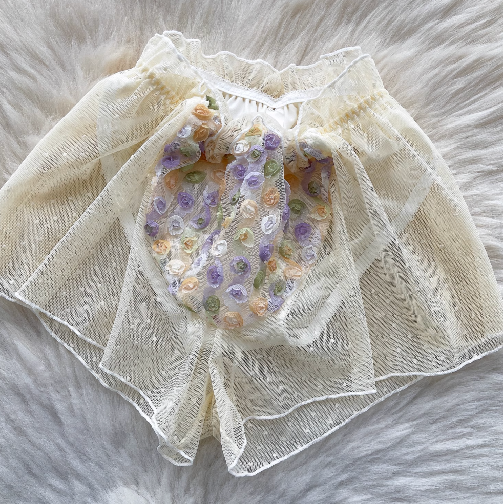 3D Floral Camisole & Mesh Shorts 2Pcs