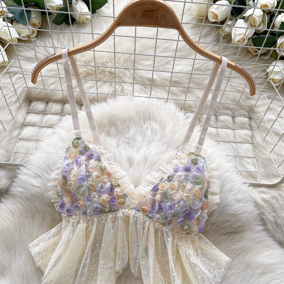 3D Floral Camisole & Mesh Shorts 2Pcs