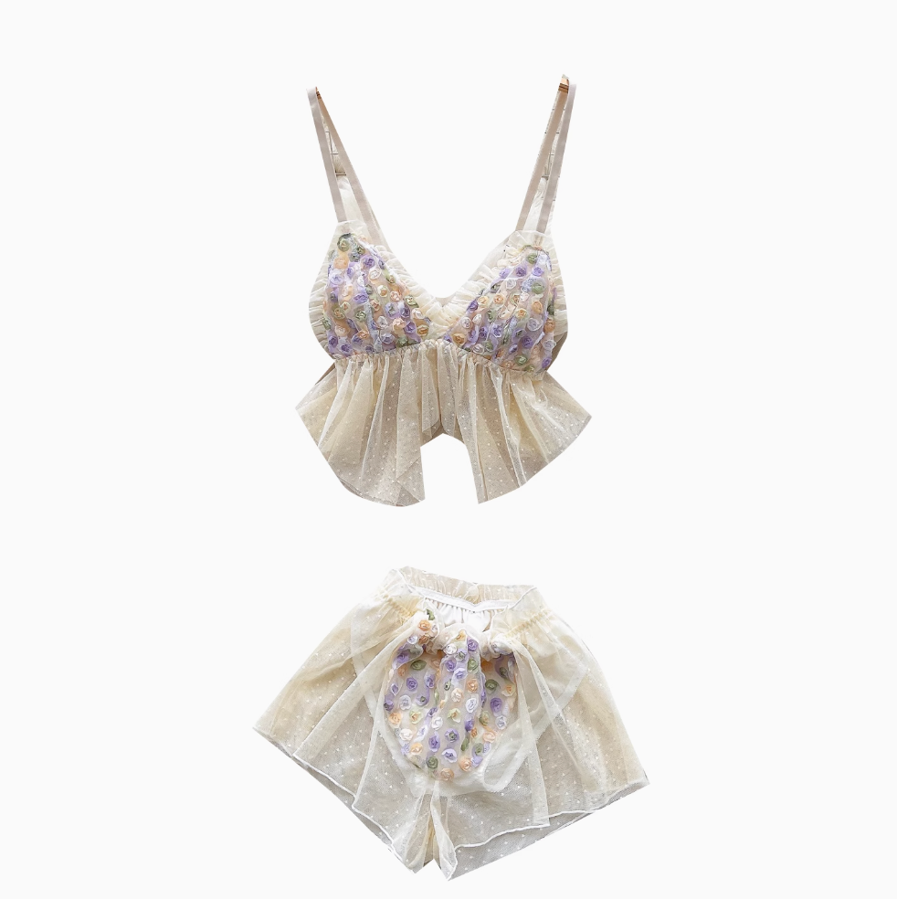 3D Floral Camisole & Mesh Shorts 2Pcs