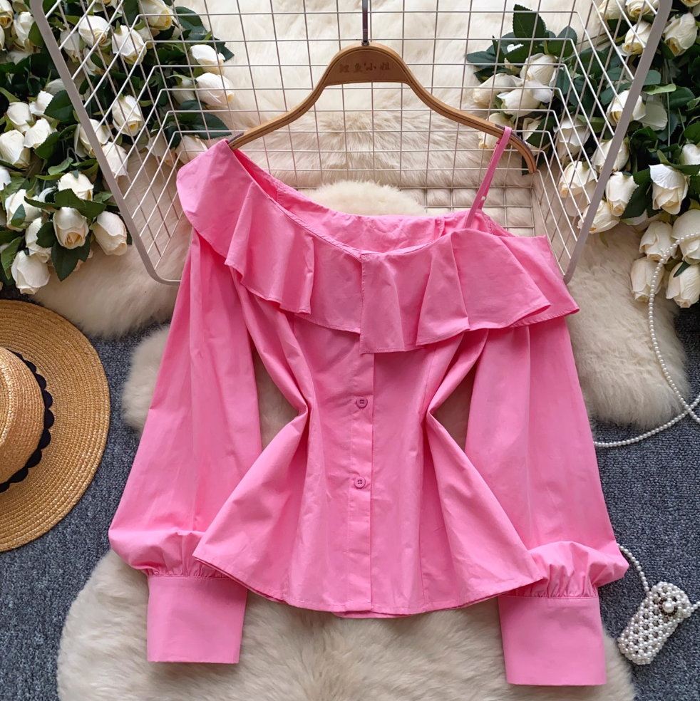 Niche Asymmetric Ruffled Neckline Shirt