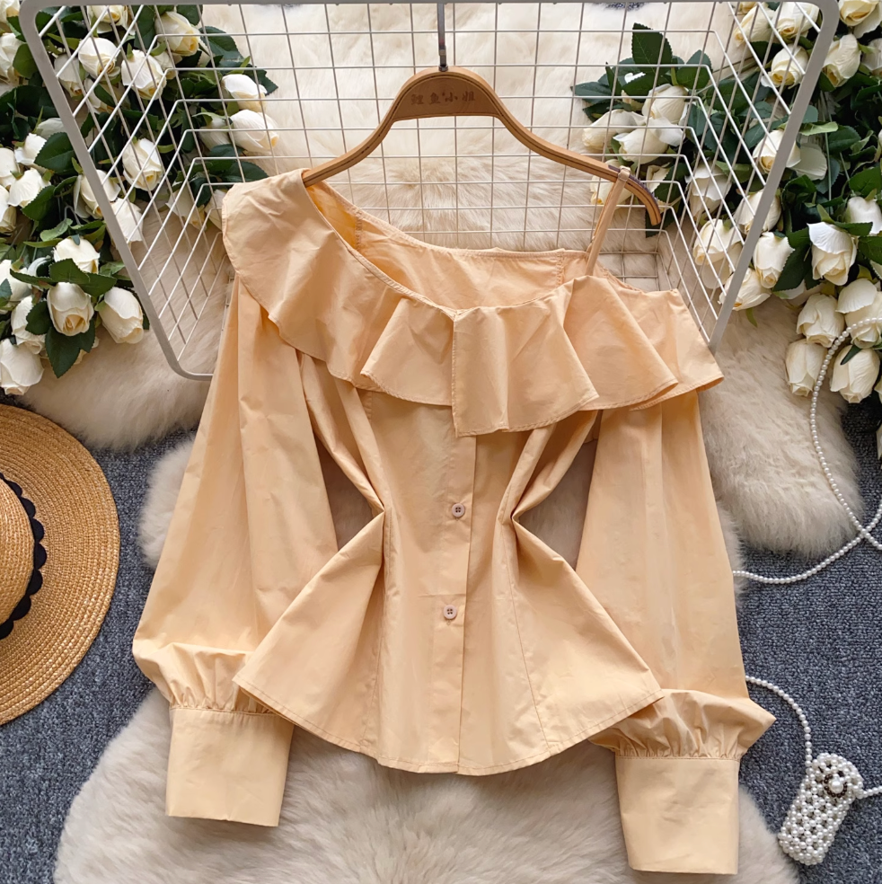 Niche Asymmetric Ruffled Neckline Shirt