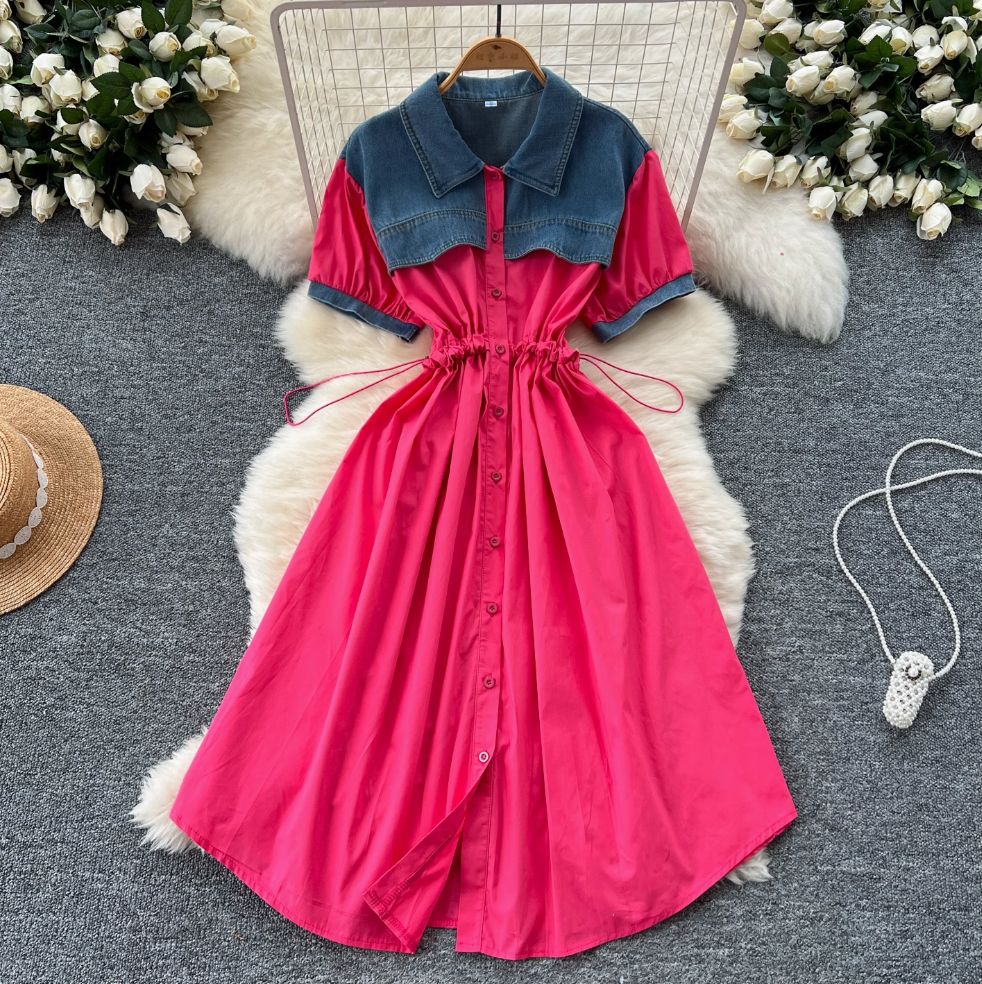Vintage Denim Patchwork Shirt Dress