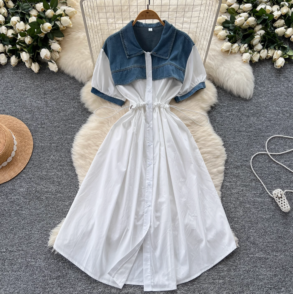 Vintage Denim Patchwork Shirt Dress