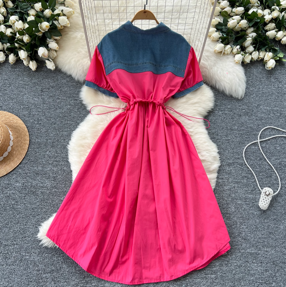 Vintage Denim Patchwork Shirt Dress