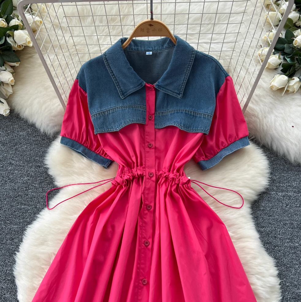 Vintage Denim Patchwork Shirt Dress