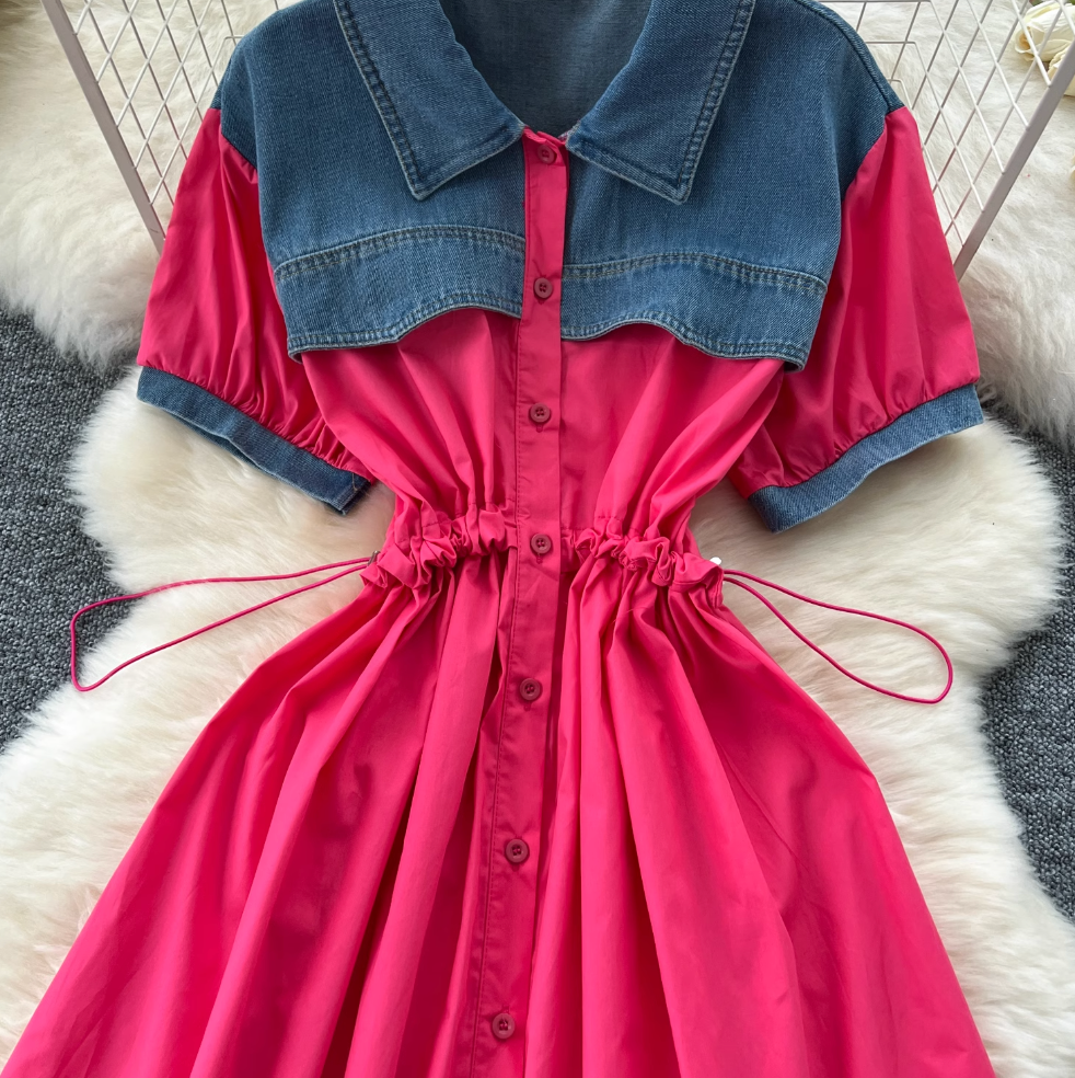 Vintage Denim Patchwork Shirt Dress