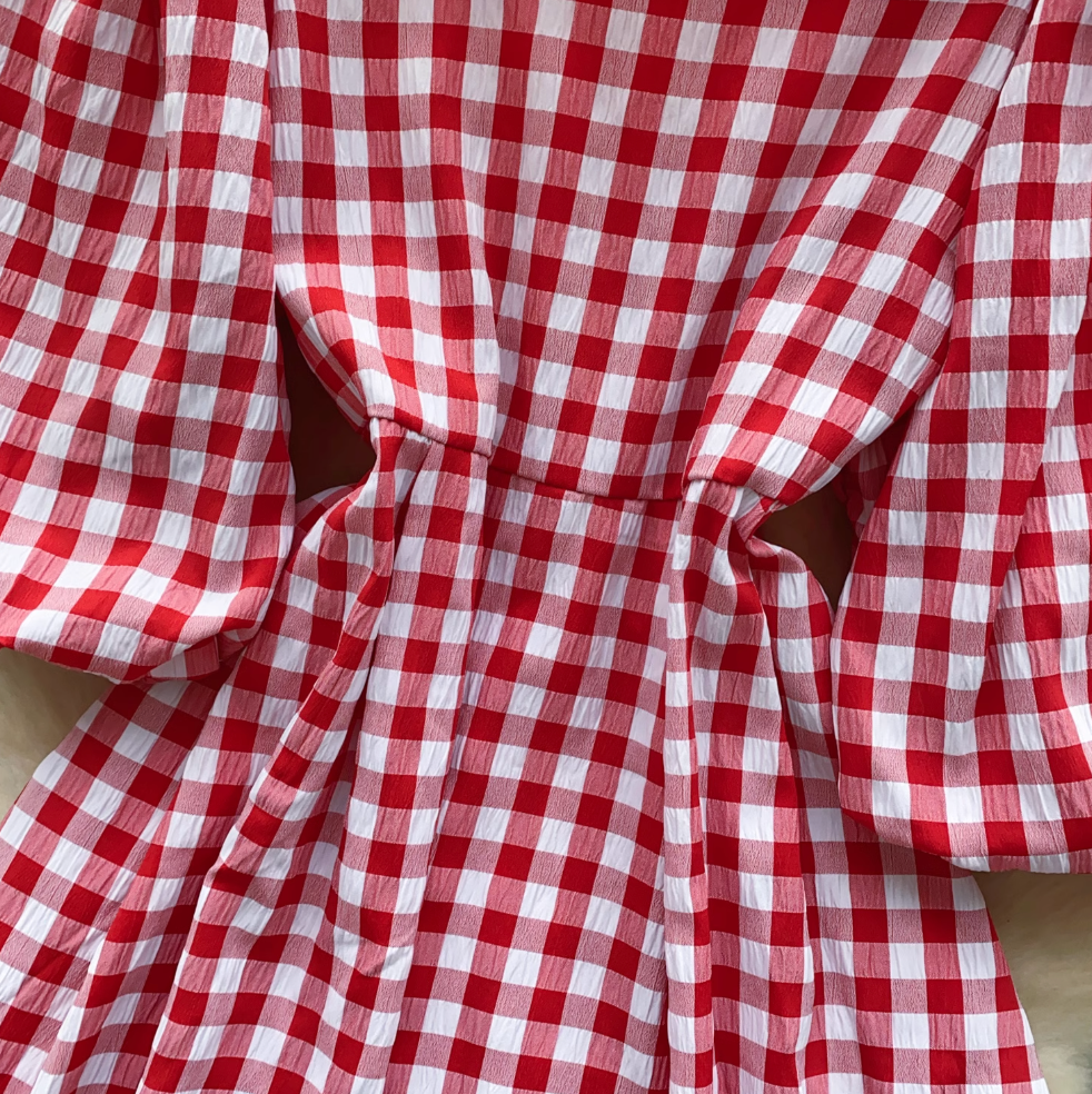 Mori Puffy Sleeve Lace-up Plaid Dress