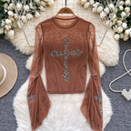 Cross Rhinestone Studded Mesh Top