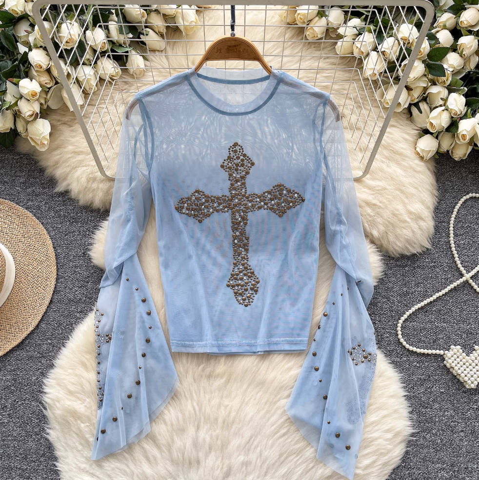 Cross Rhinestone Studded Mesh Top