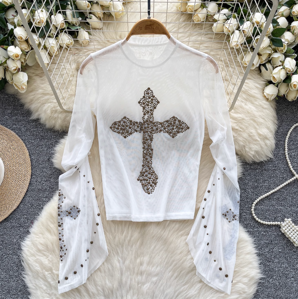 Cross Rhinestone Studded Mesh Top