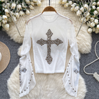 Cross Rhinestone Studded Mesh Top
