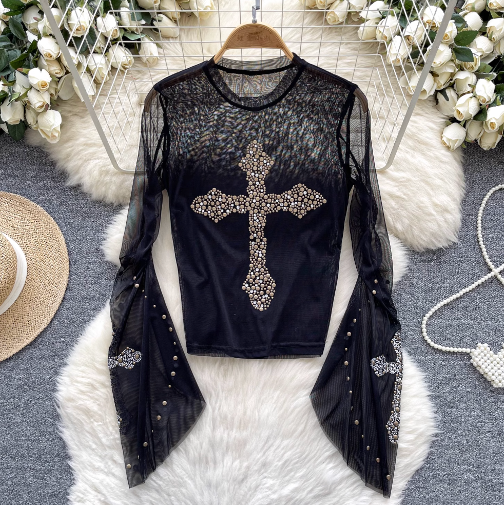 Cross Rhinestone Studded Mesh Top