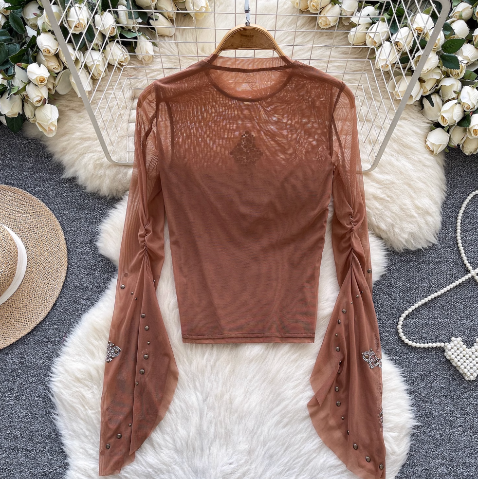 Cross Rhinestone Studded Mesh Top