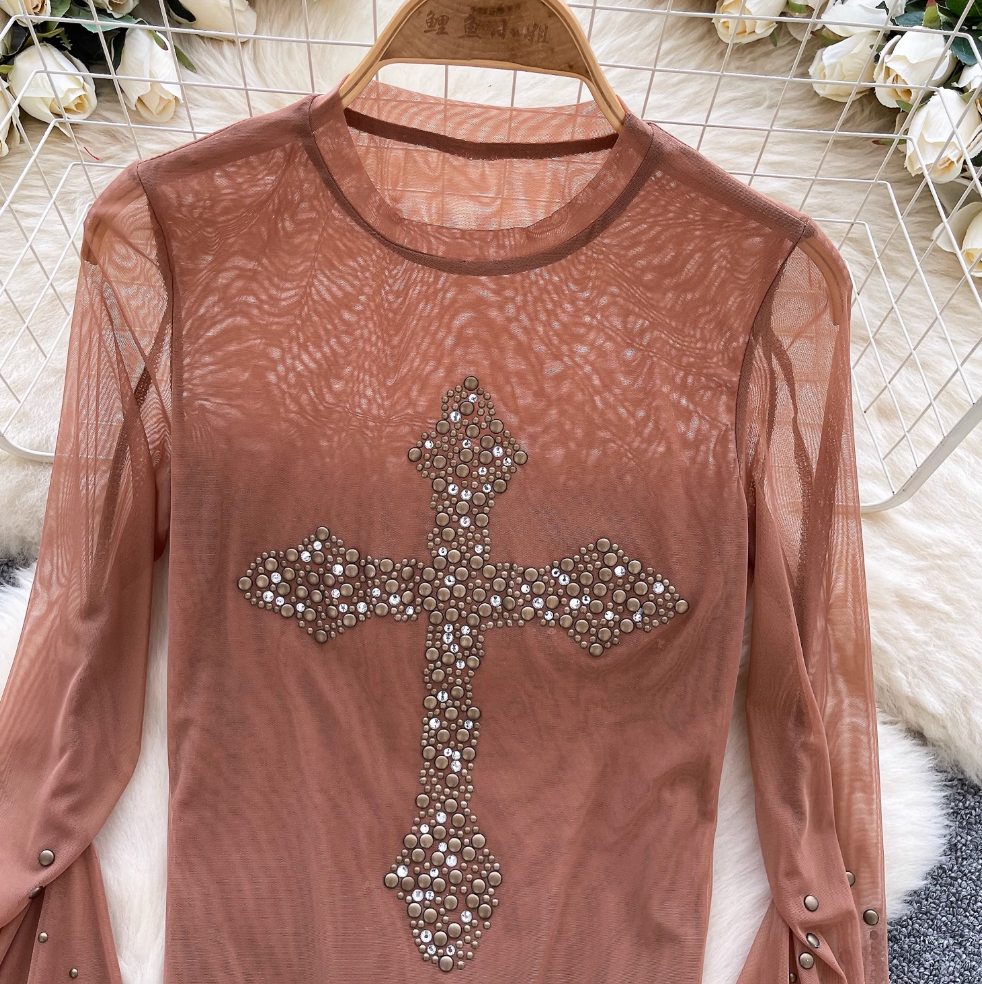Cross Rhinestone Studded Mesh Top