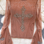 Cross Rhinestone Studded Mesh Top