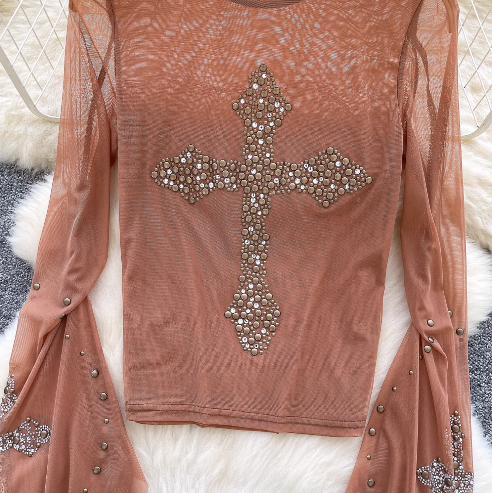 Cross Rhinestone Studded Mesh Top