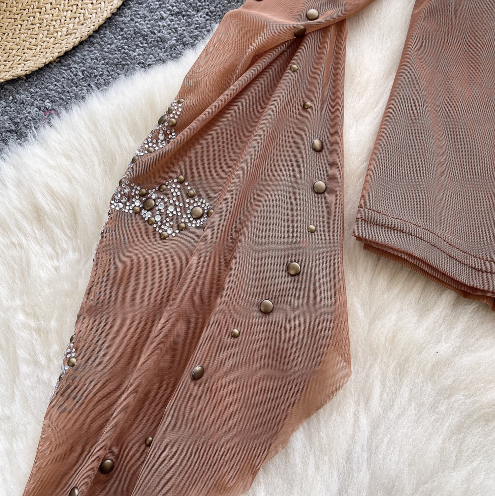 Cross Rhinestone Studded Mesh Top