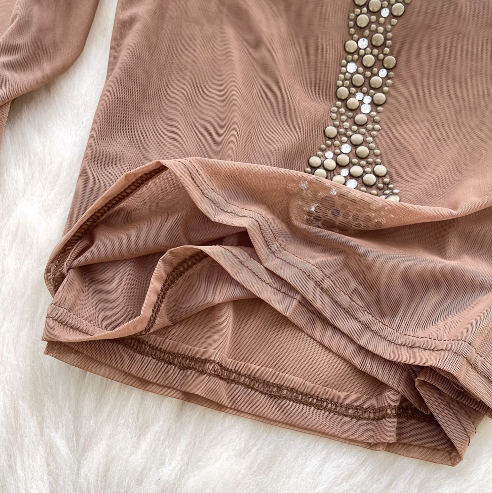 Cross Rhinestone Studded Mesh Top