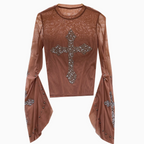 Cross Rhinestone Studded Mesh Top
