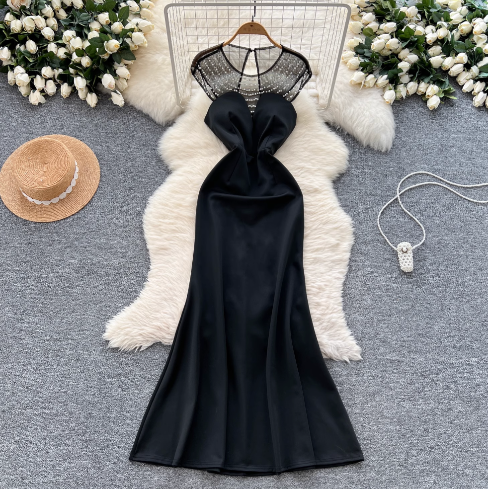 Beaded Mesh Collar Backless Dress