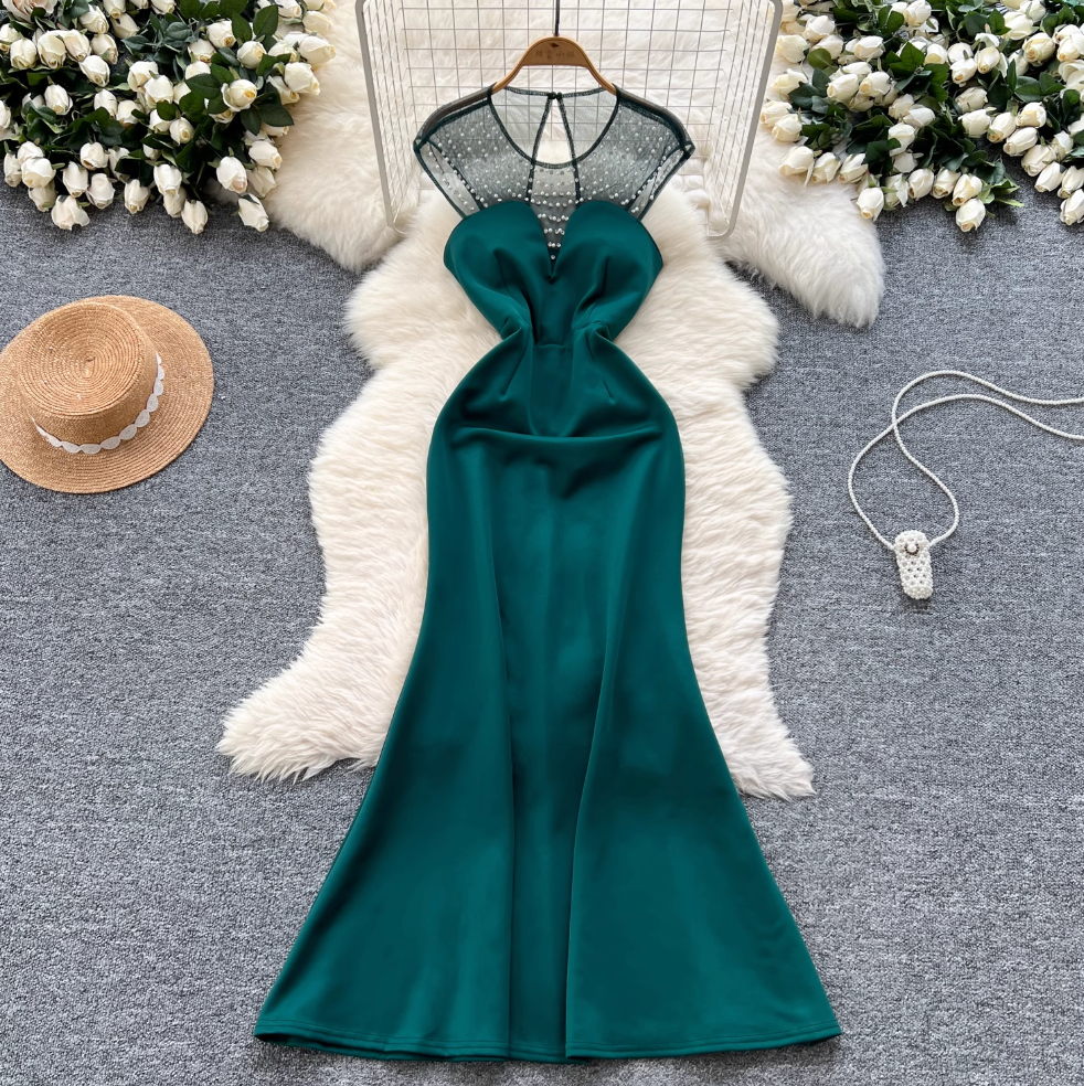 Beaded Mesh Collar Backless Dress