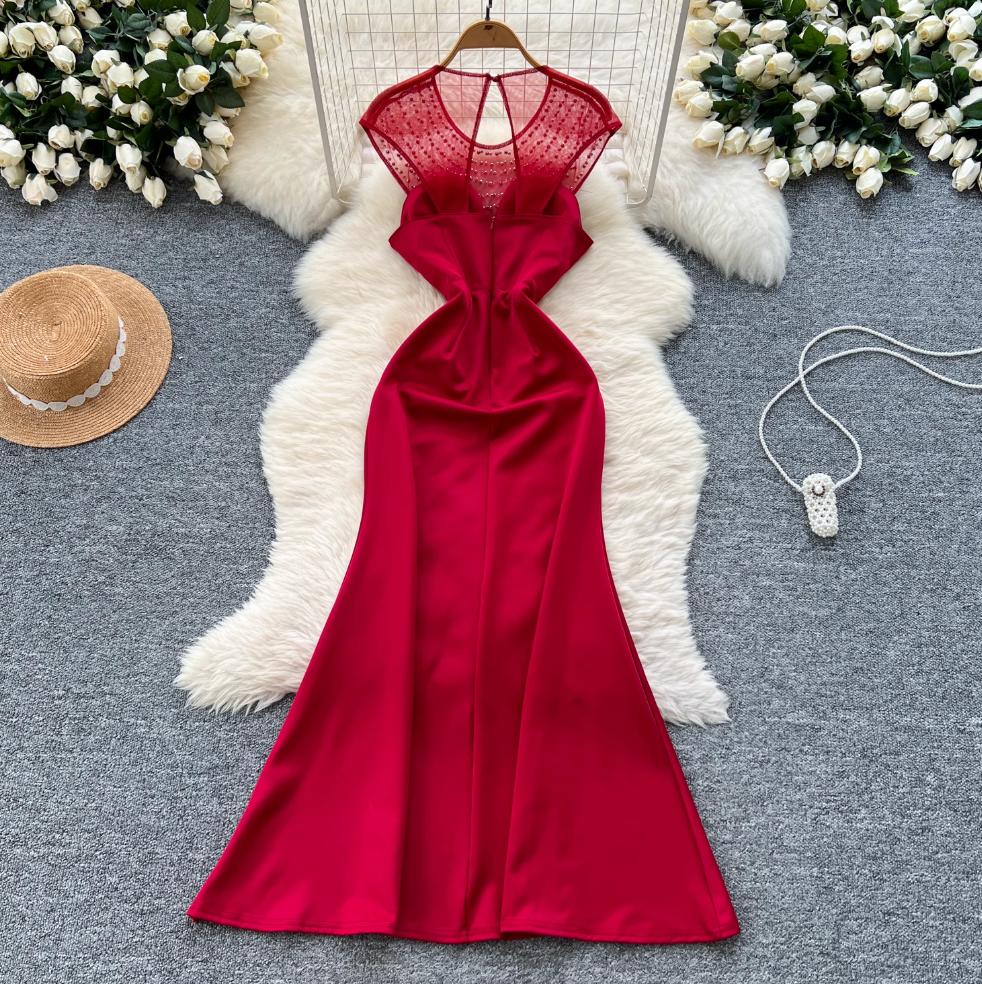 Beaded Mesh Collar Backless Dress