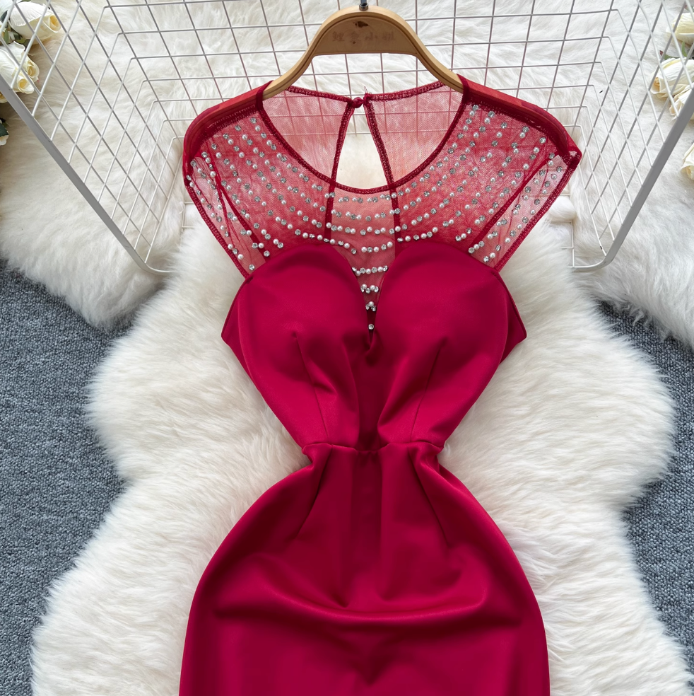 Beaded Mesh Collar Backless Dress