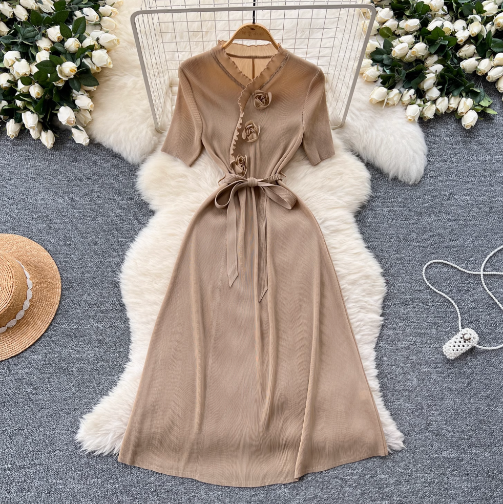 V-neck Ruffled Lace-up Dress