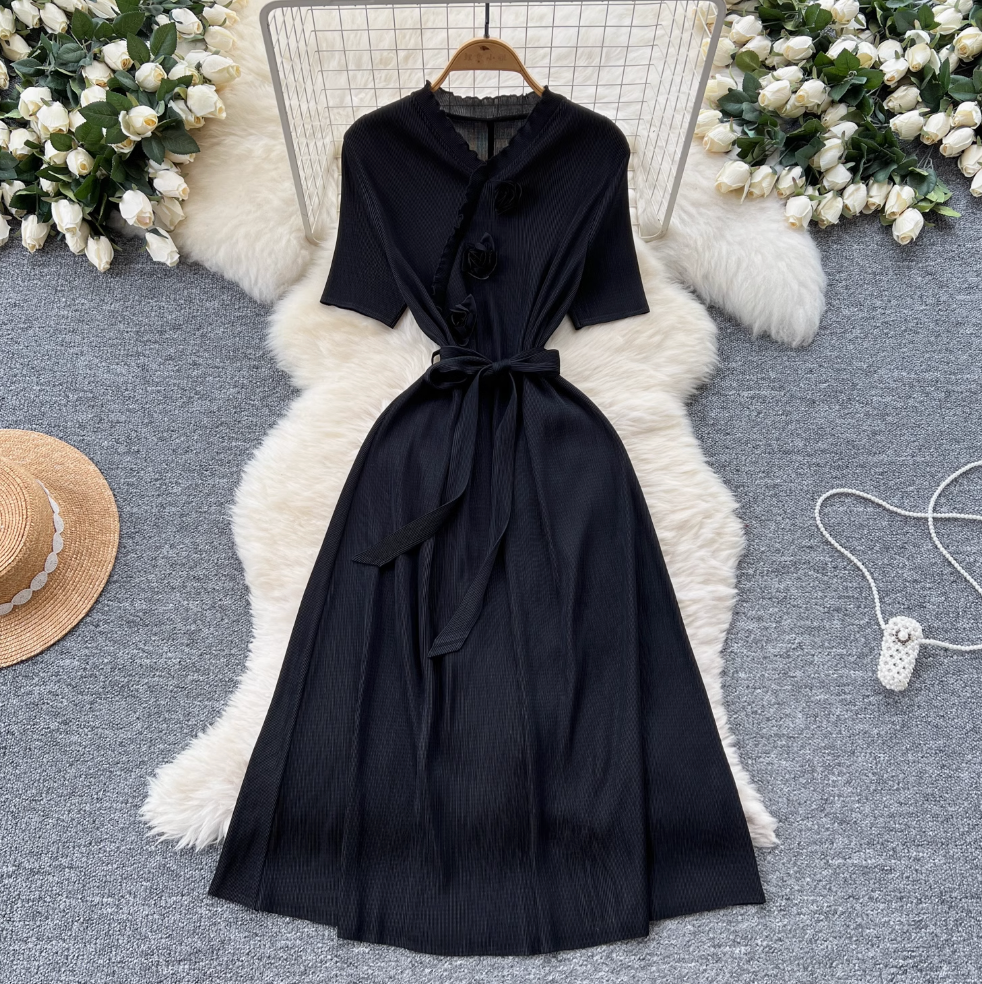 V-neck Ruffled Lace-up Dress