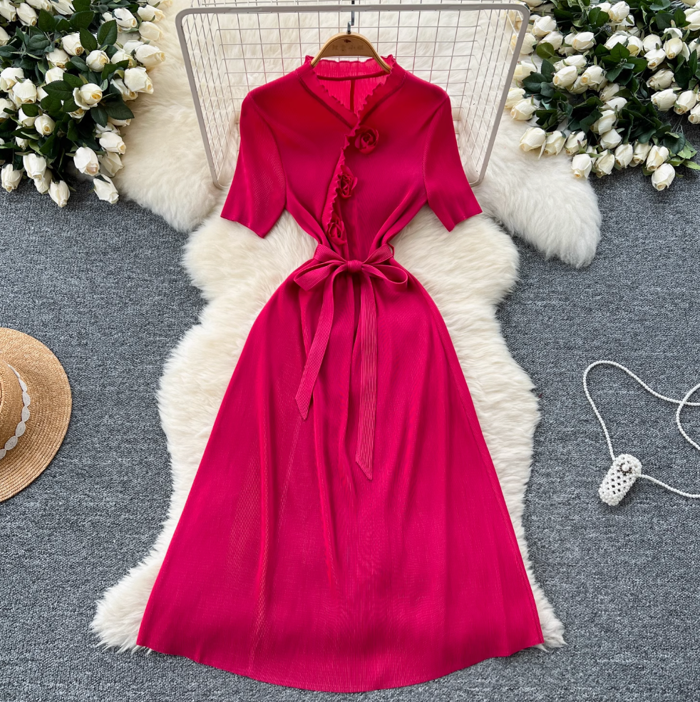 V-neck Ruffled Lace-up Dress