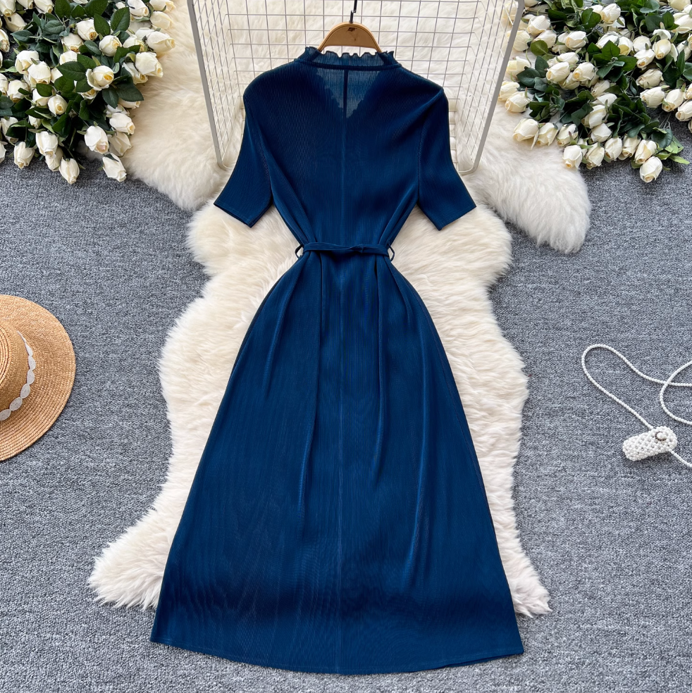V-neck Ruffled Lace-up Dress