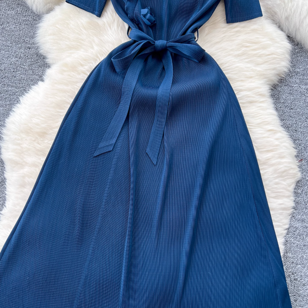 V-neck Ruffled Lace-up Dress
