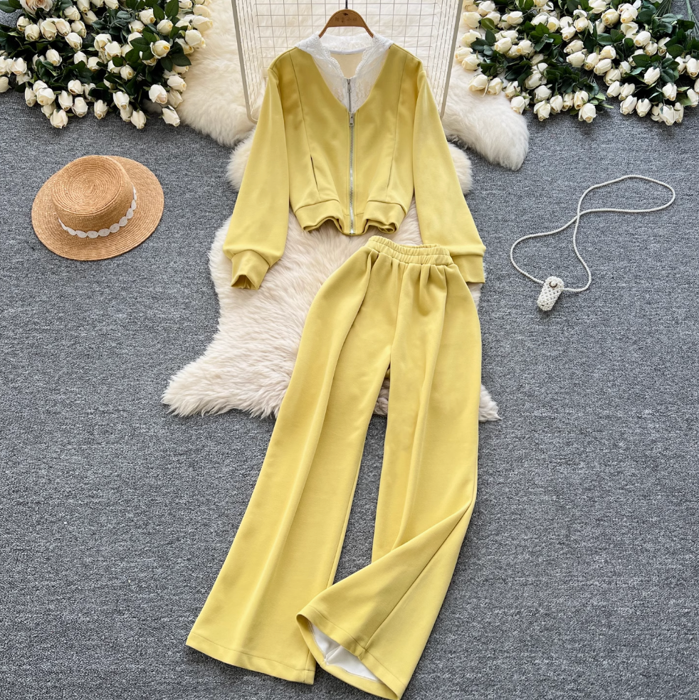 Lace Patchwork Hoodie & Trousers 2Pcs