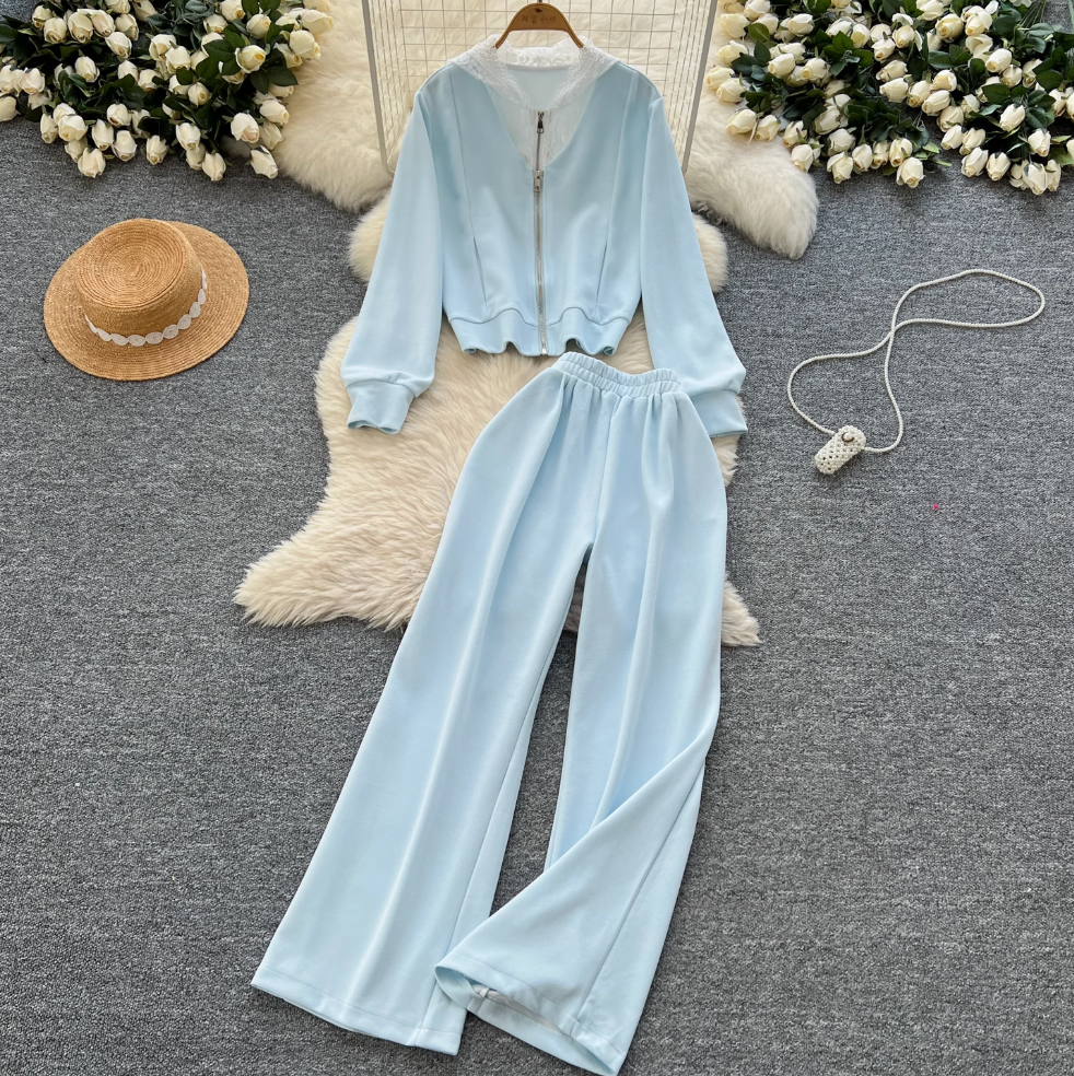 Lace Patchwork Hoodie & Trousers 2Pcs