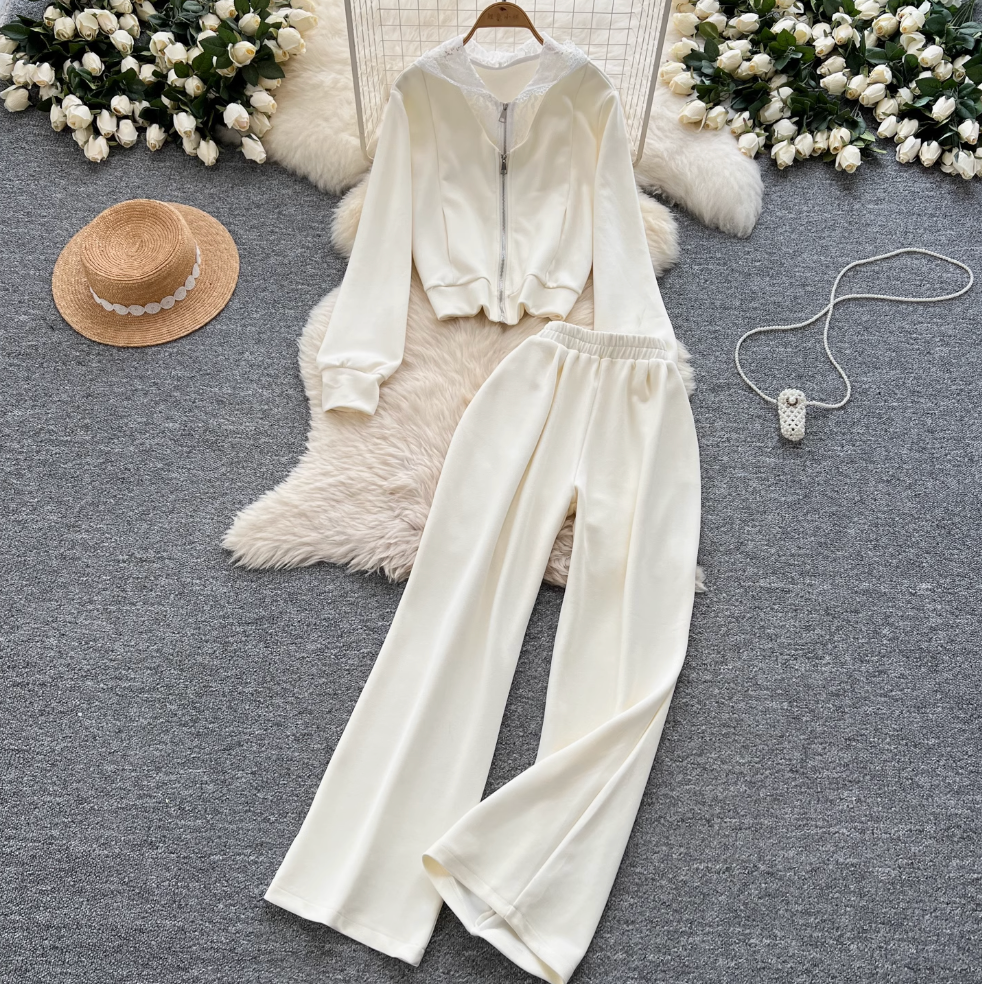Lace Patchwork Hoodie & Trousers 2Pcs