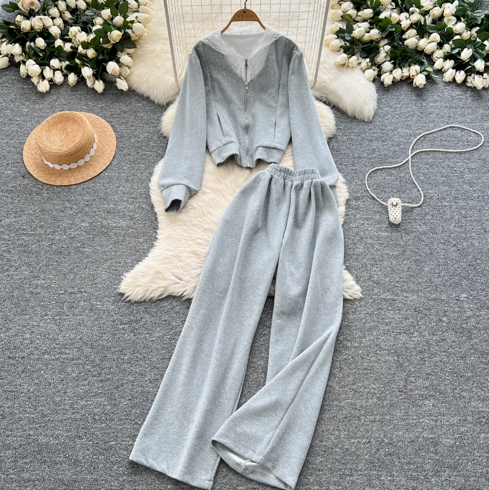Lace Patchwork Hoodie & Trousers 2Pcs
