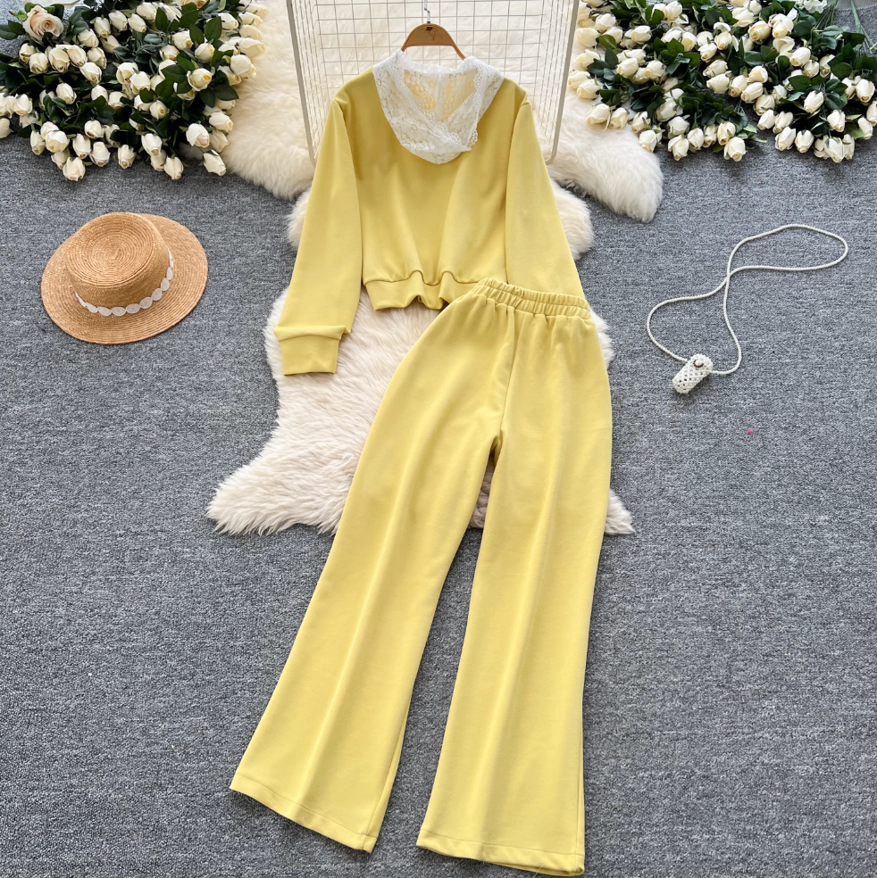 Lace Patchwork Hoodie & Trousers 2Pcs