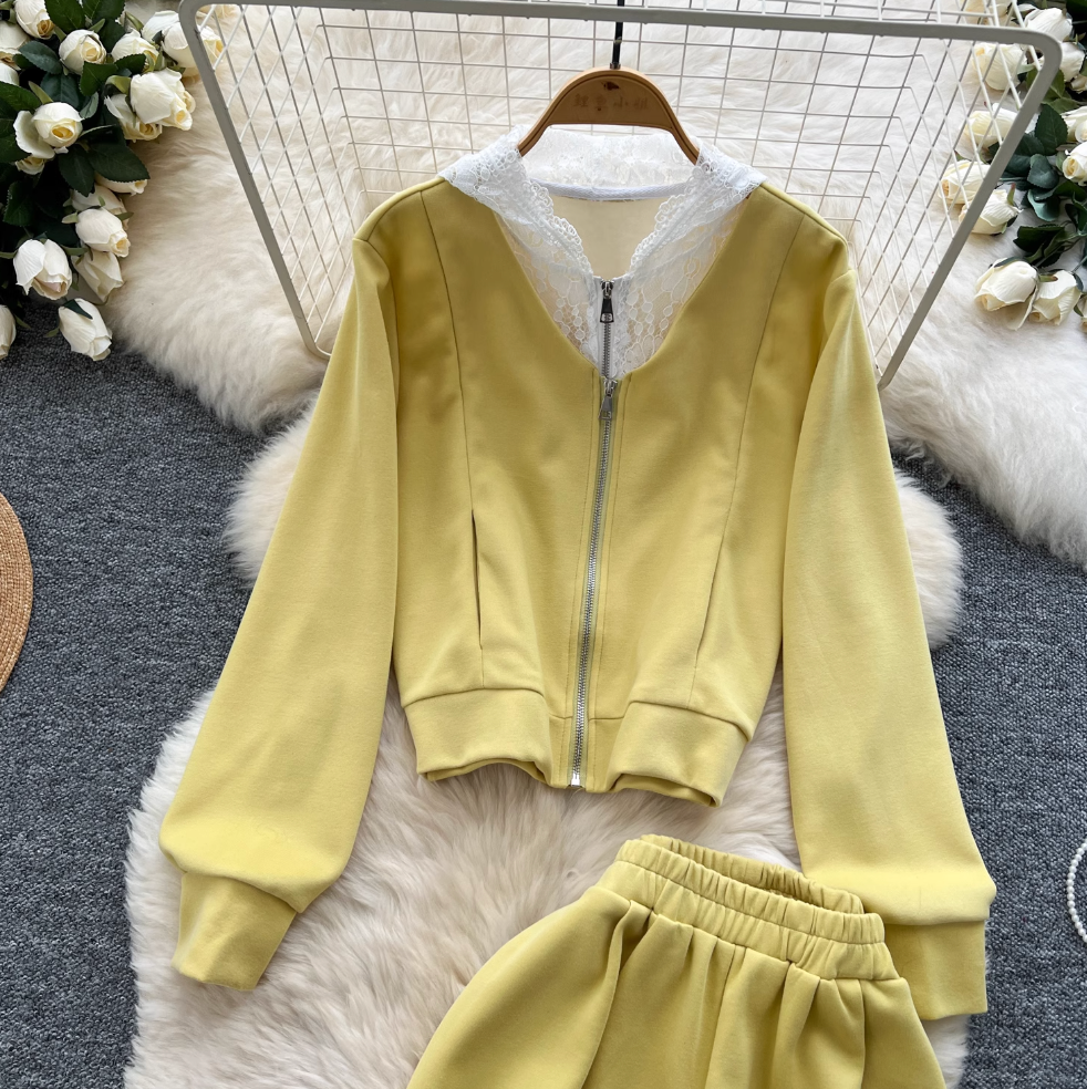 Lace Patchwork Hoodie & Trousers 2Pcs