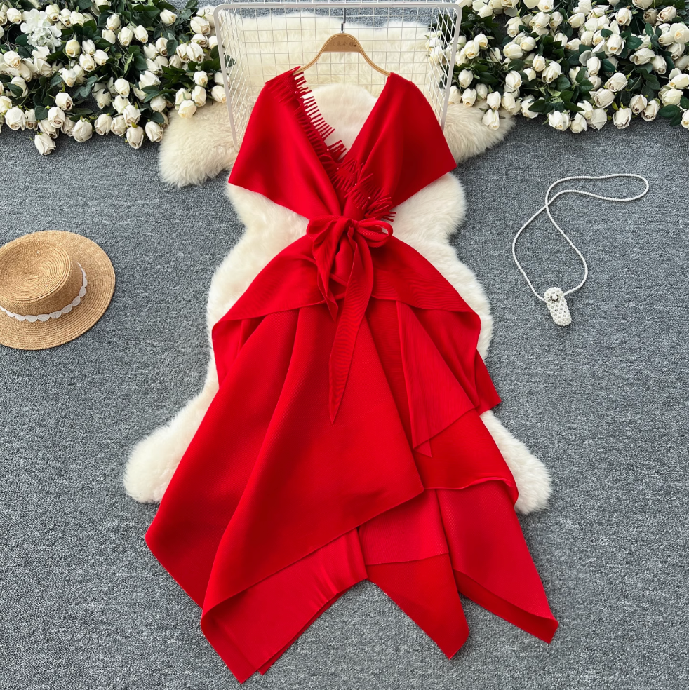 V-neck Fringed Neckline Layered Dress