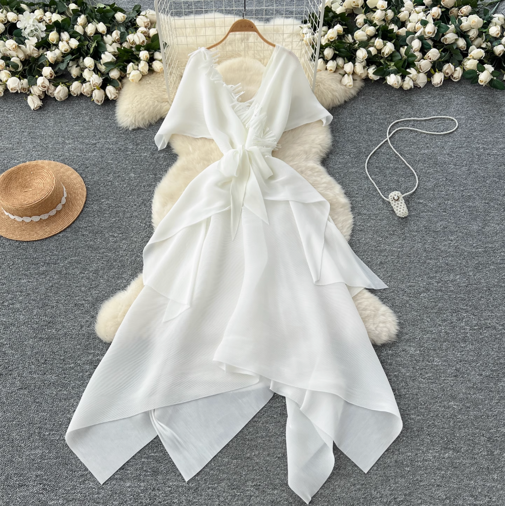 V-neck Fringed Neckline Layered Dress