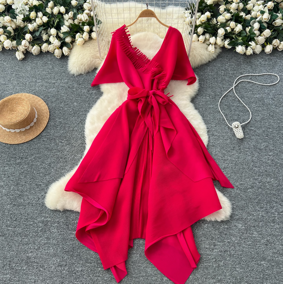 V-neck Fringed Neckline Layered Dress