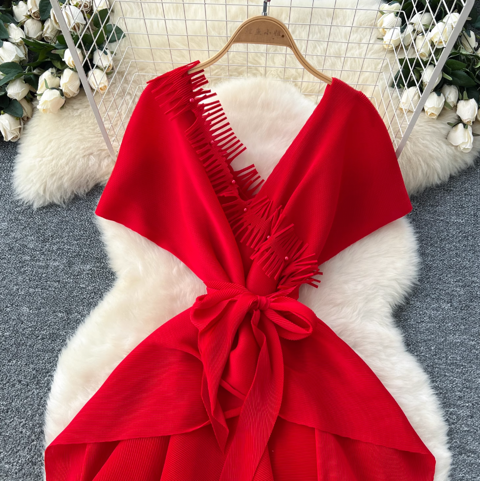 V-neck Fringed Neckline Layered Dress