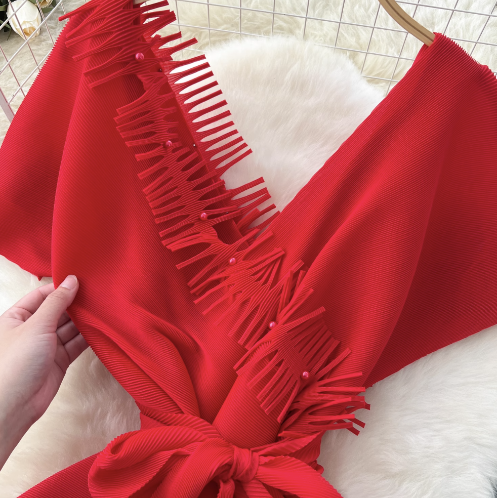 V-neck Fringed Neckline Layered Dress