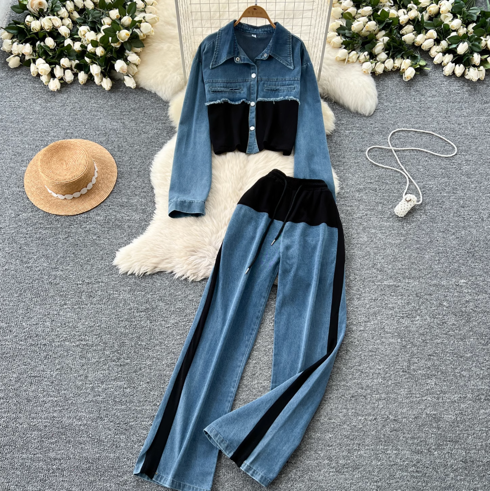 Denim Patchwork Jacket & Trousers 2Pcs
