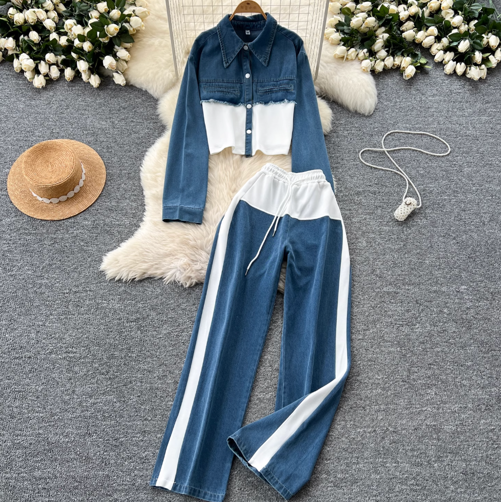 Denim Patchwork Jacket & Trousers 2Pcs