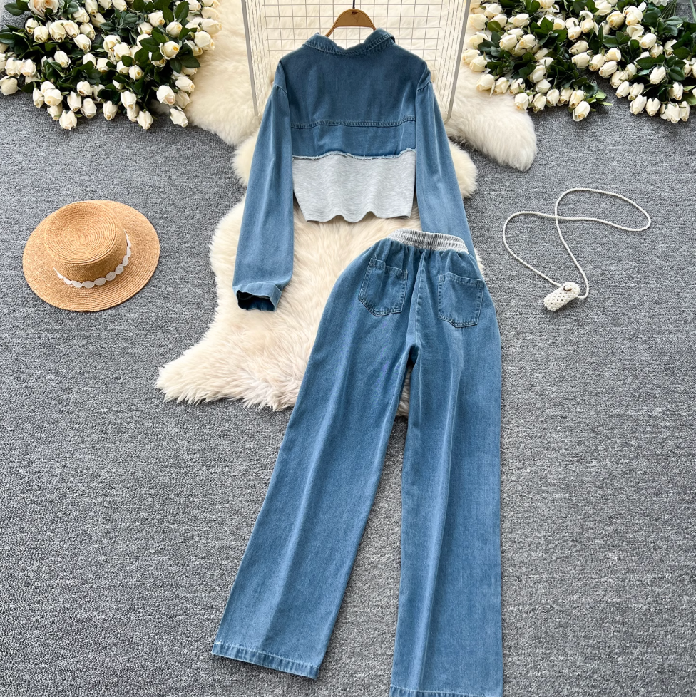 Denim Patchwork Jacket & Trousers 2Pcs