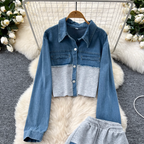 Denim Patchwork Jacket & Trousers 2Pcs
